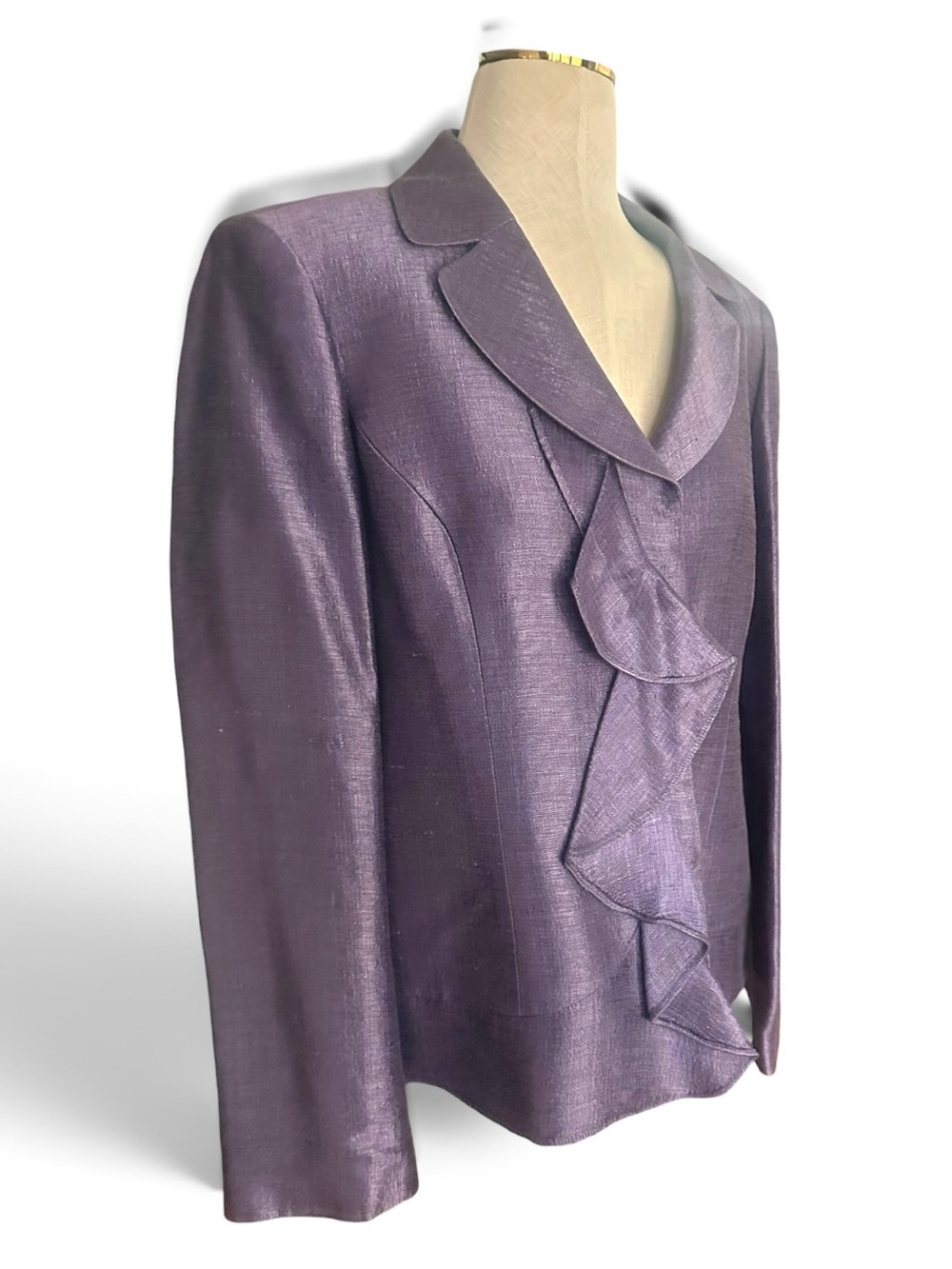 Albert Nipon Size 16 Purple Silk Blend Ruffle Front Evening Blazer Jacket - Picture 3 of 7